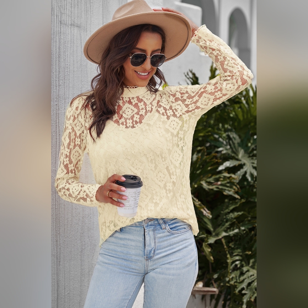 Mock Neck Long Sleeve Lace Top - Picture 1 of 6